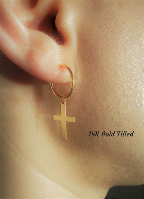 Mens Gold Cross Earring 14k Gold Filled Hoop Earrings Cross Etsy