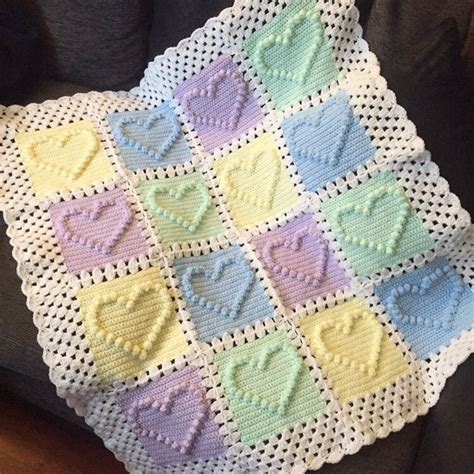 Completed Bobble Heart Blanket In Pastels And White Lovely Pattern