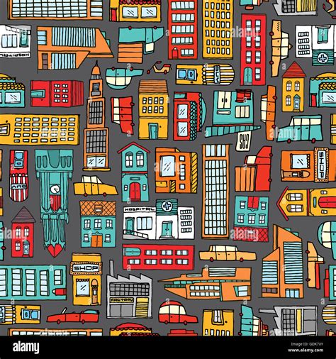 Cartoon Illustration Urban Background Or Seamless Colorful City Pattern