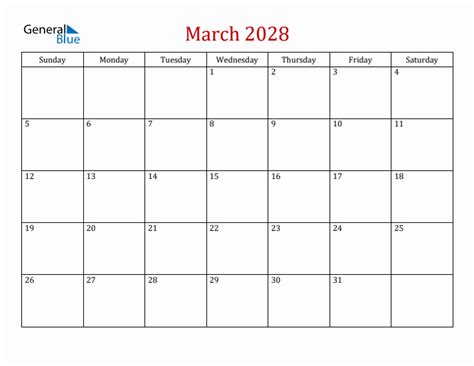 March 2028 Simple Calendar With Sunday Start