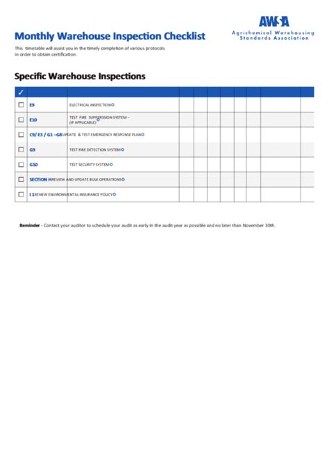 This warehouse safety inspection checklist template is used to evaluate work areas, emergency exits, storage areas and general environement of workplace to ensure it is in safe condition. Monthly Warehouse Inspection Checklist Template printable pdf download