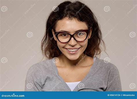 Nerd Girl In Glasses And With Brackets On Teeth Positive Excel Stock