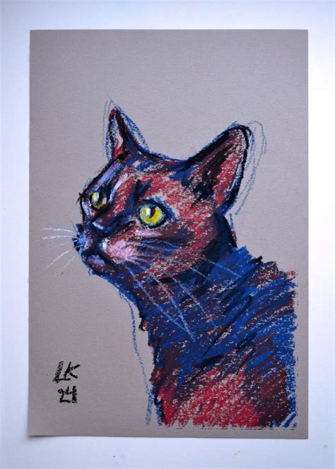 Black Cat Portrait Original Pastel Painting Realism Collectible Art
