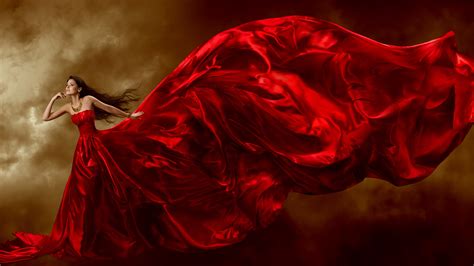 Beautiful Red Dress Girl Jewelry Long Hair Curls Art Posture
