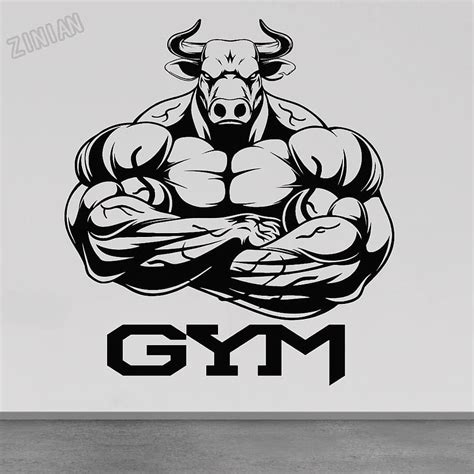 Gym Logo Vinyl Wall Decal Bull Muscles Bodybuilder Wall Stickers For