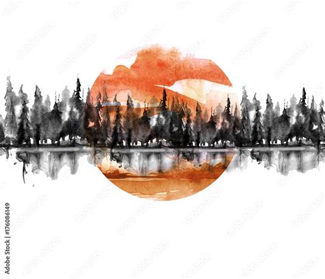 Seamless Pattern Watercolor Landscape Black Silhouette Of Trees