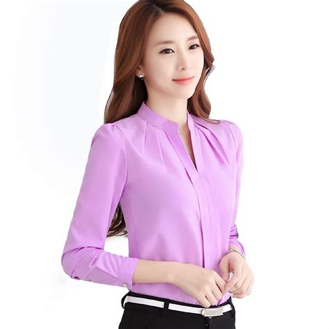 2016 New Office Women Shirts Blouses Pink Purple Elegant Ladies Chiffon