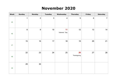 November Calendar 2020 With Holidays Printable Template