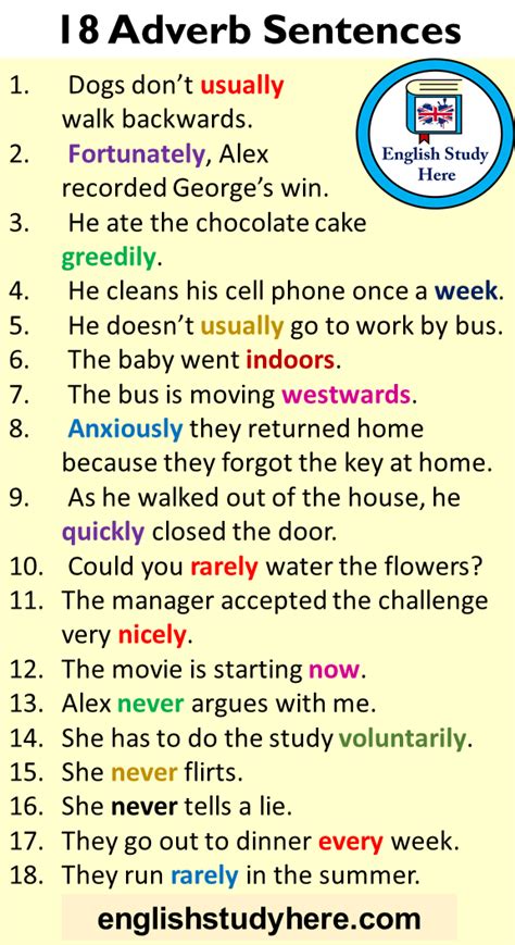 Learn adverbs of manner with examples excercies , words, list and the definition with adverbs of manner examples excercies , words, list in english so as you can see in this example carefully is the adverb of manner because the word carefully is showing us the way in which the work has been. 18 Adverb Sentences, Example Sentences with Adverbs in ...