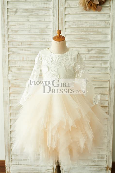 Ivory Lace Champagne Tulle Long Sleeves Wedding Flower Girl Dress