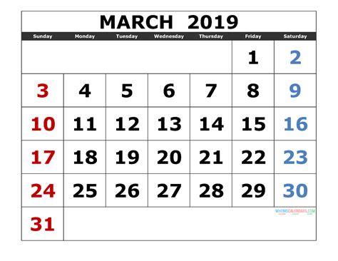 March 2019 Printable Calendar Templates 2019 Monthly Calendar