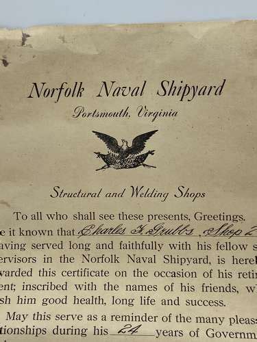 Retirement Norfolk Naval Shipyard 1960 Certificate