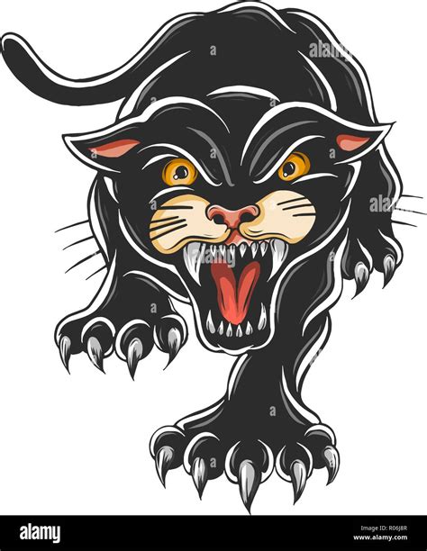 Angry Black Panther Attacking Pose Tattoo Vector Illustration Stock