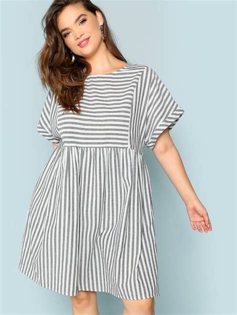 Plus Rolled Sleeve Striped Batwing Dress Shein Outfits Plus Size
