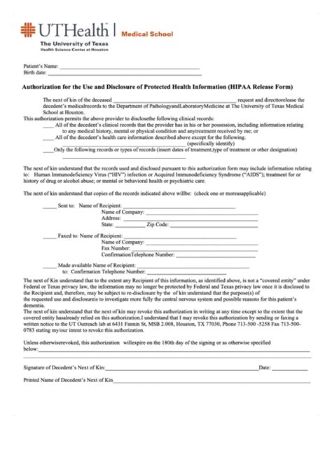 Fillable Hipaa Form Authorization For The Use And Disclosure Of