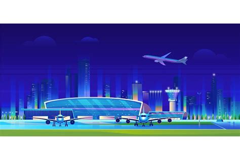 City Airport At Night Landscape Airport City Night Landscape City