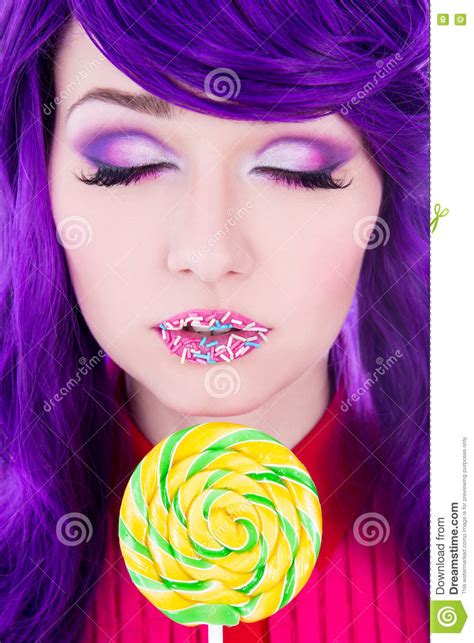 Young Beautiful Woman With Purple Hair Lollipop And