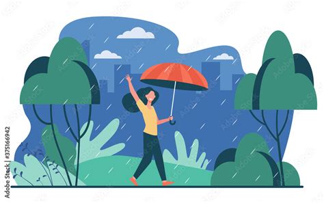 happy woman walking in rainy day with umbrella isolated flat vector illustration cartoon female