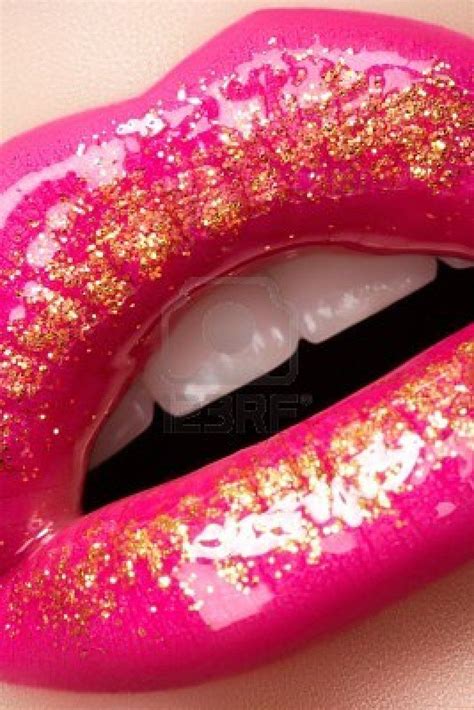 Bright Pink Lip Gloss Make Up With Gold Glitter Bright Pink Lips Hot
