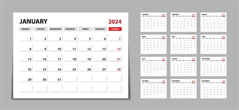 데스크 캘린더 2024 세트 2024 년 월간 달력 템플릿 주가 월요일에 시작됩니다 미니멀리스트 스타일의 벽 달력 2024 12