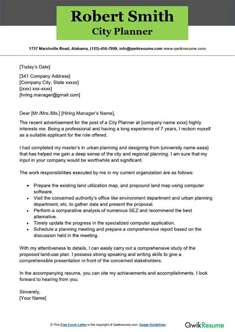 City Planner Cover Letter Examples Qwikresume