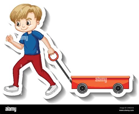 Boy Pulling Wagon Cartoon Character Sticker Illustration Stock Vector