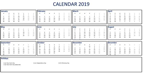 Printable 2019 Calendar Excel Templates At