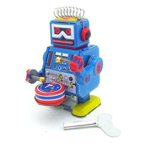Classic Vintage Clockwork Wind Up Drum Playing Robot Reminiscence