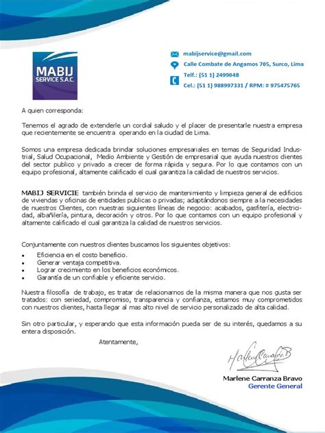 Carta De Presentacion General Mabij Service Sac