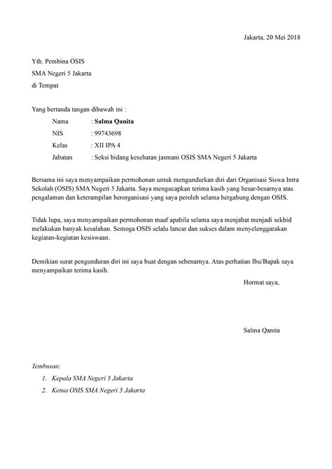 Contoh surat pengunduran diri dari karyawan. Surat Pengunduran Diri Organisasi Sekolah Yang Baik Dan ...