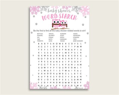 winter owl word search game pink gray baby shower word
