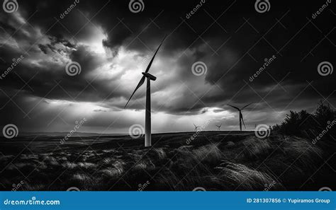 Silhouette Of Wind Turbine Spinning Against Dramatic Moody Sky