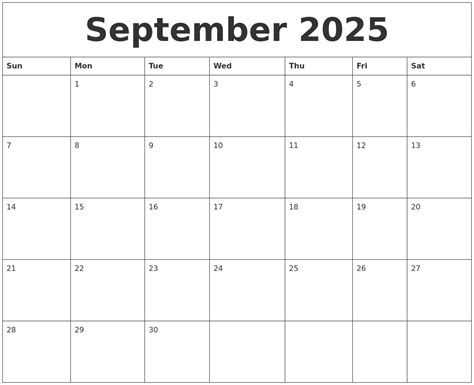 Calendar September 2025 To September 2025