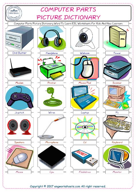 Students will color each part of the computer a different color. Computer Parts ESL Printable English Vocabulary Worksheets
