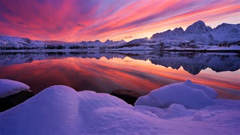 Wallpaper Sunset Reflection Snow Winter Lake Resolution2000x1125