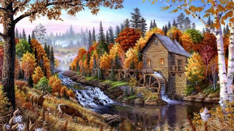 Fall Mill Wooden Mountain River Waterfall Forest With Pine