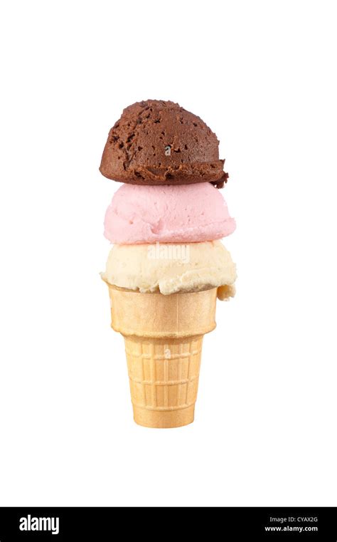 An Ice Cream Cone With Vanilla Chocolate And Strawberry Ice Cream Scoops Isolated On White