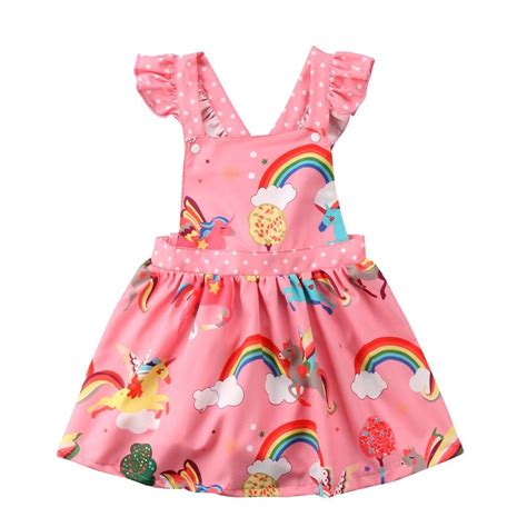 Girls Pink Rainbow Unicorn Ruffled Party Dress 100 Unicorns