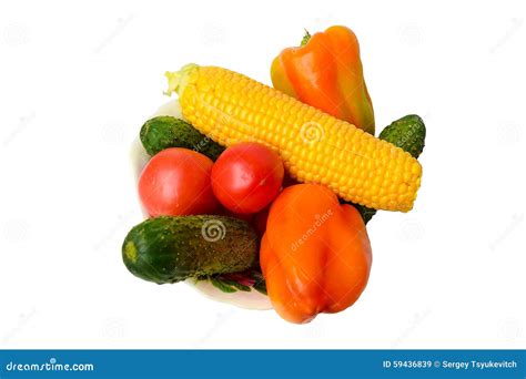 Fresh Vegetables Tomatoes Cucumbers Corn And Peppers Stock Image