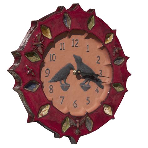 Ravens And Crows Ceramic Art Rustic Unique Wall Clock Red Glaze On Terra