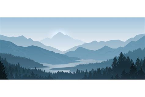 Realistic Mountains Landscape Morning Wood Panorama Pine T 1295943
