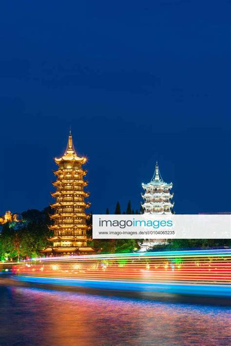 Night View Of Sun And Moon Double Tower Cultural Park Guilin City