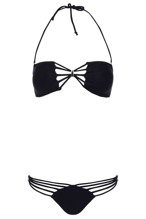 black m halterneck hollow out metal ornamental divided type sexy women s swimwear bikini set