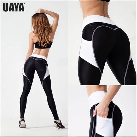 uaya women elastic spliced running pants pockets capri sport leggings women fitness gym high