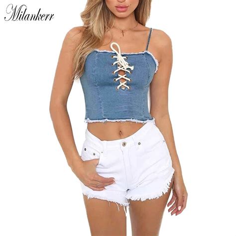 Summer Crop Top Women Sleeveless Strap Denim Camis Tanks Ladies Casual Lace Up Sexy Elastic