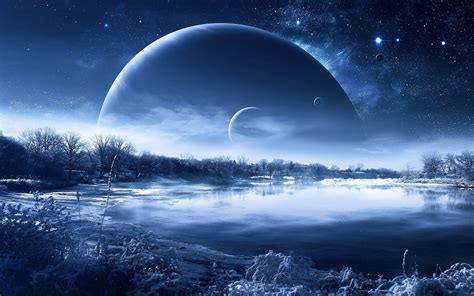 Night Nature Planet A Fantastic Landscape Lakes Reflection Winter Sky