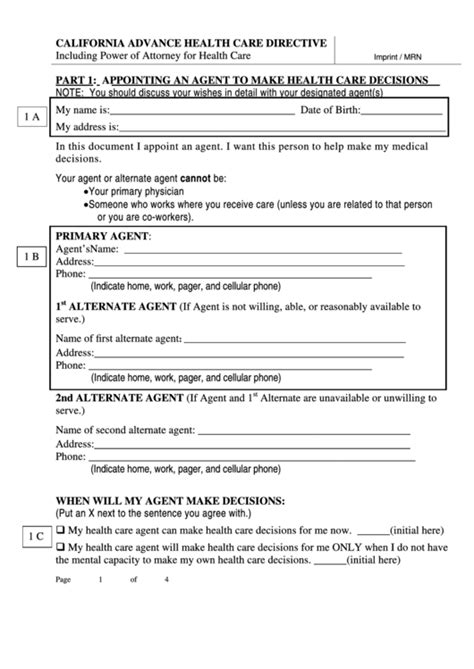 California Advance Health Care Directive Form Page Of In Pdf