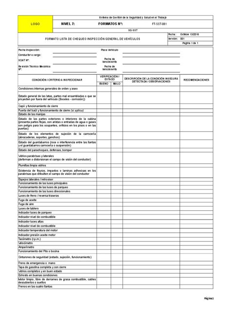 Ft Sst 124 Formato Lista De Chequeo Inspección General De Vehiculos