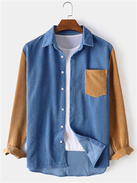 Corduroy Solid Color Patchwork Chest Pocket Long Sleeve Shirts For Men