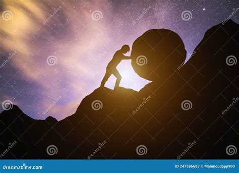 Sisyphus Metaphor Man Rolling Huge Rock Ball Up Hill Stock Photo